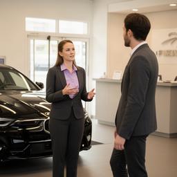 Eleanor speaking with a customer beside a polished black saloon at the studio reception