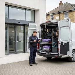 Mark checking a prepared mobile detailing van beside a clean London workshop entrance