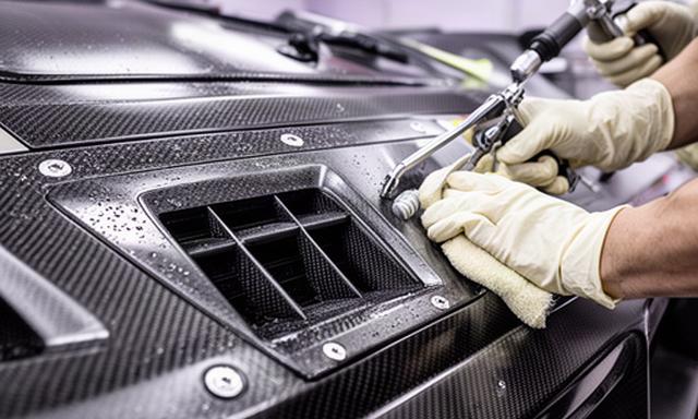 Close detail of a complex carbon-fibre body kit being dried around vents and aero parts by hand