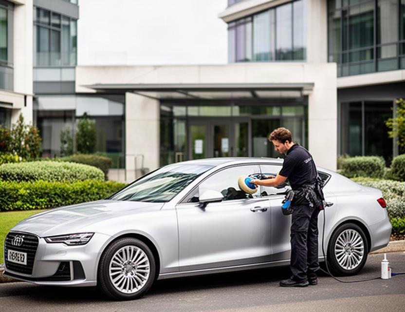 Silver executive car receiving careful detailing outside a modern London workplace